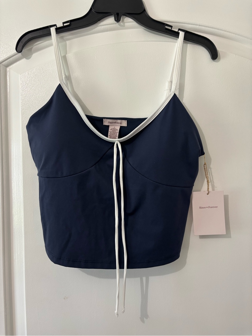 Navy Cropped Tank with White Trim and Front Tie